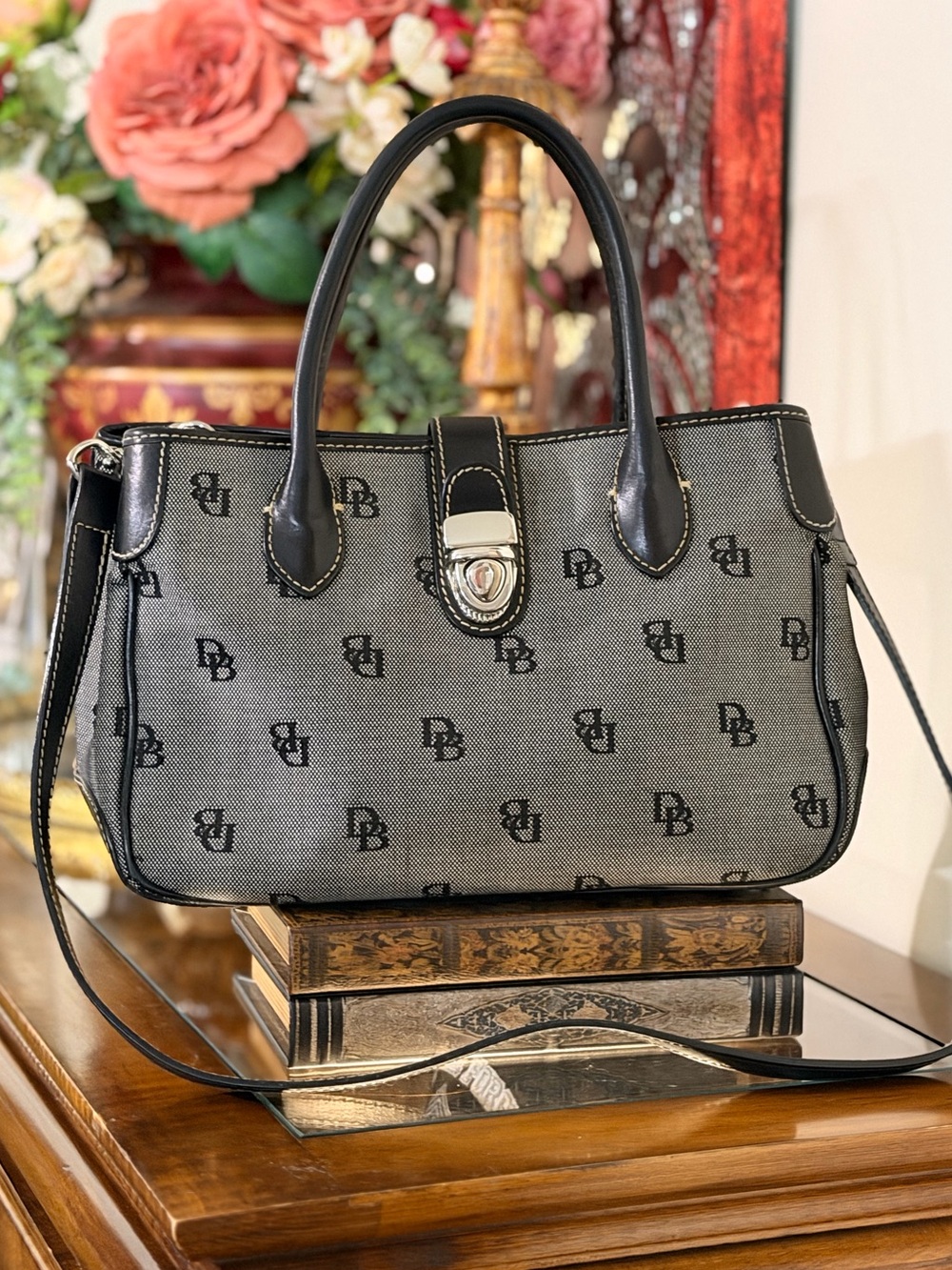 Dooney & Bourke Gray Monogram Jacquard Leather Satchel Purse Classic Preppy